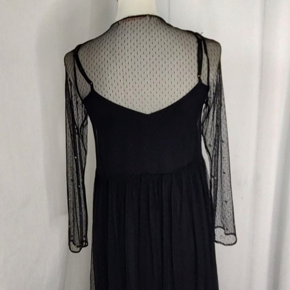 ZARA Floral Beaded Tulle Dress Sequin Mesh Sheer Midi Long Sleeve Plumeti - Picture 12 of 15